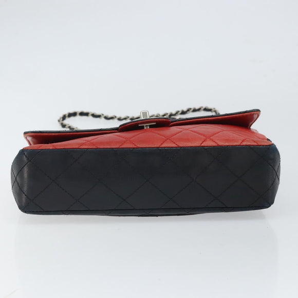 CHANEL Matelasse 25 Chain Shoulder Bag Lamb Skin Red Navy CC Auth 166416