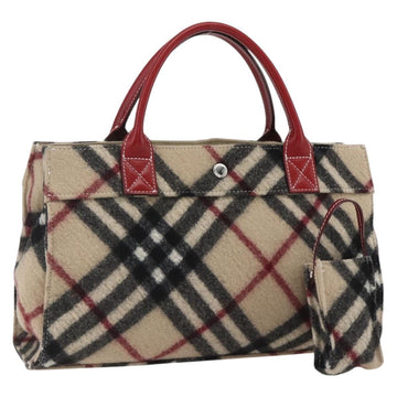 BURBERRY Nova Check Blue Label Hand Bag Wool Beige Silver Auth 166421