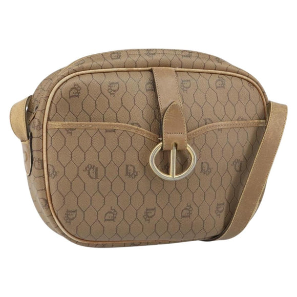 Christian Dior Honeycomb Canvas Shoulder Bag PVC Beige Gold Auth 166431