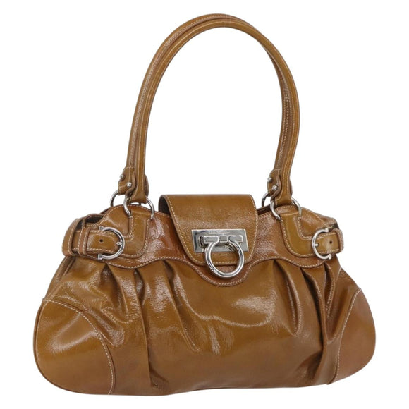 Salvatore Ferragamo Gancini Hand Bag Patent leather Brown Silver Auth 166433