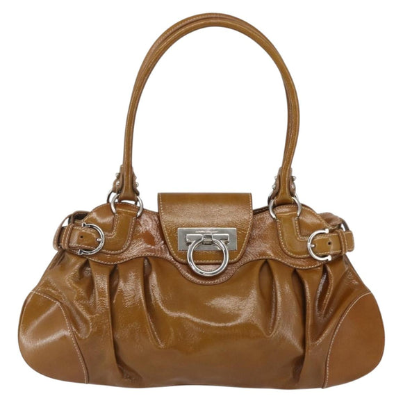 Salvatore Ferragamo Gancini Hand Bag Patent leather Brown Silver Auth 166433