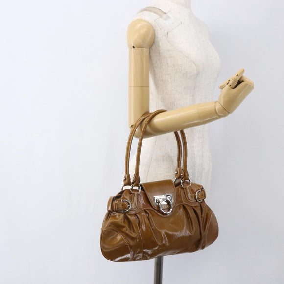 Salvatore Ferragamo Gancini Hand Bag Patent leather Brown Silver Auth 166433