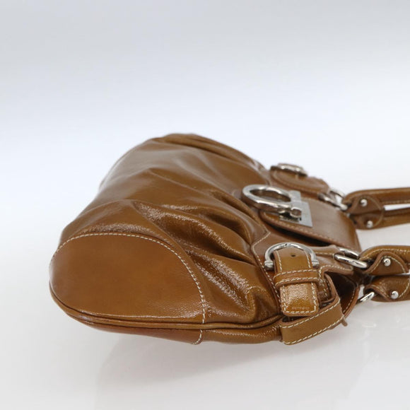 Salvatore Ferragamo Gancini Hand Bag Patent leather Brown Silver Auth 166433