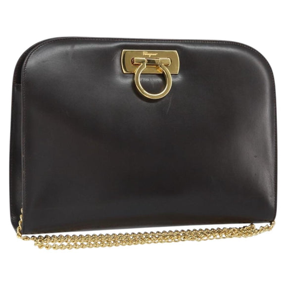 Salvatore Ferragamo Gancini Chain Shoulder Bag Leather Brown Gold Auth 166439