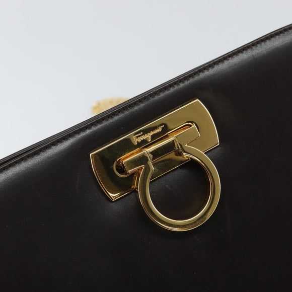 Salvatore Ferragamo Gancini Chain Shoulder Bag Leather Brown Gold Auth 166439