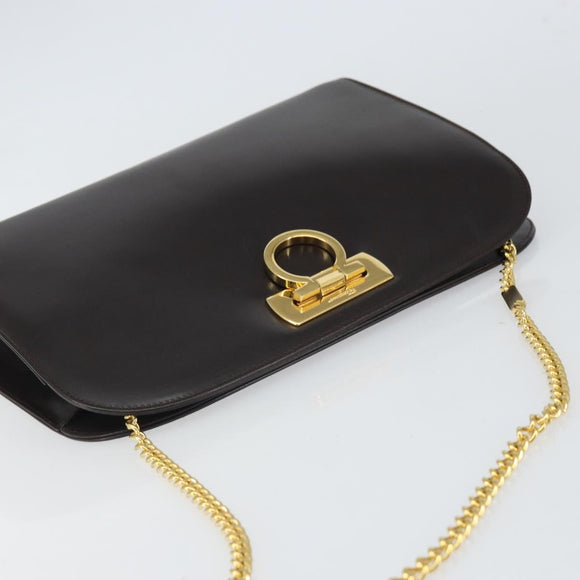Salvatore Ferragamo Gancini Chain Shoulder Bag Leather Brown Gold Auth 166439