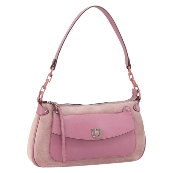 Salvatore Ferragamo Gancini Shoulder Bag Suede Pink Silver Auth 166453