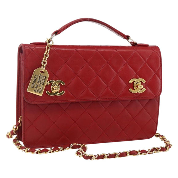 CHANEL Matelasse 23 Double Turn Lock Ketten-Tasche Lammleder Rot CC Auth 166468SAM