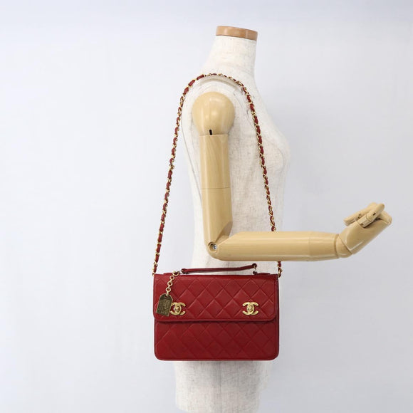 CHANEL Matelasse 23 Double Turn Lock Ketten-Tasche Lammleder Rot CC Auth 166468SAM