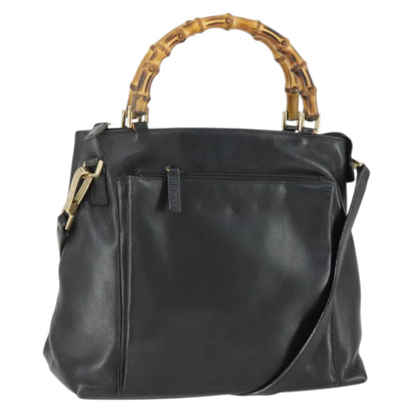 GUCCI Bamboo Hand Bag Leather 2way Black Gold 002 3754 0508 Auth 166633