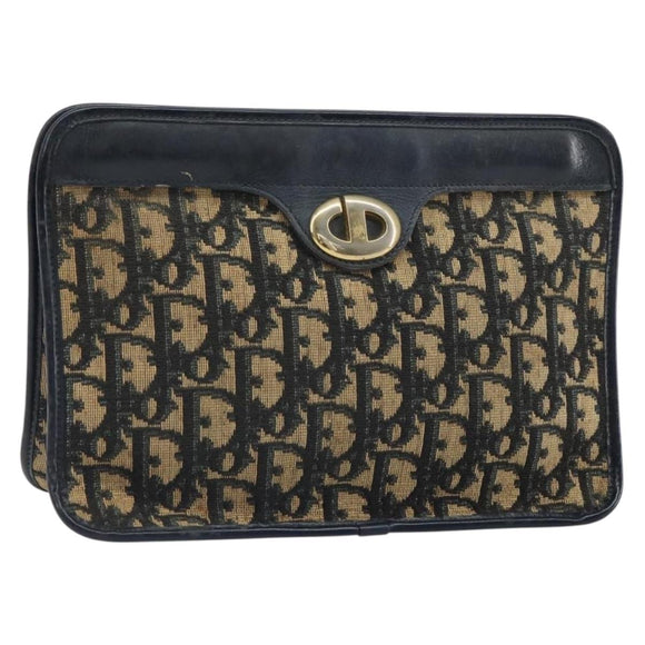 Christian Dior Trotter Canvas Clutch Bag Navy Gold Auth 166635