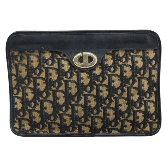 Christian Dior Trotter Canvas Clutch Bag Navy Gold Auth 166635