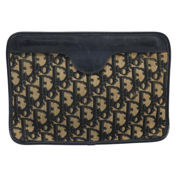 Christian Dior Trotter Canvas Clutch Bag Navy Gold Auth 166635