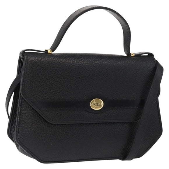 Christian Dior Hand Bag Leather 2way Black Gold Auth 166637