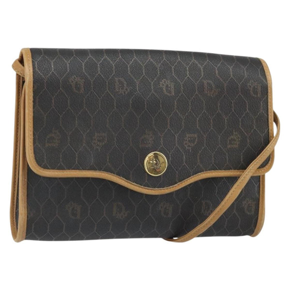 Christian Dior Honeycomb Canvas Shoulder Bag PVC Black Gold Auth 166639