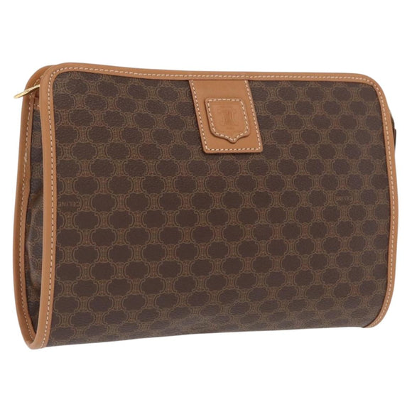 CELINE Macadam Canvas Clutch Bag PVC Brown Gold Auth 166652