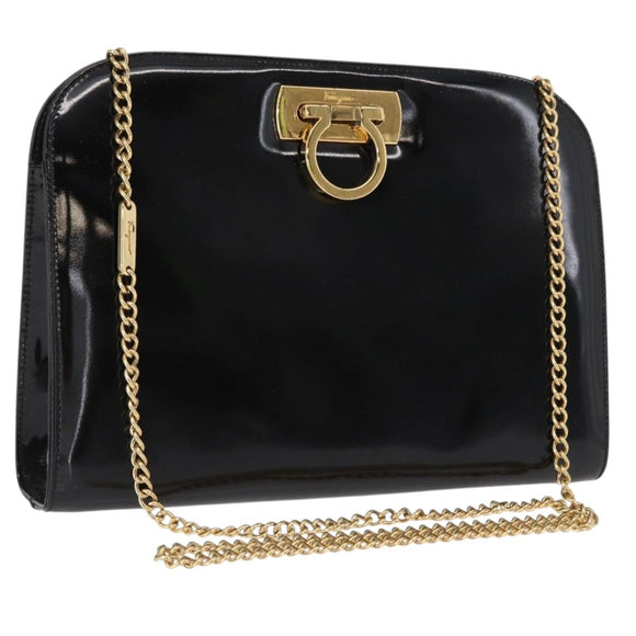Salvatore Ferragamo Chain Gancini Shoulder Bag Patent Black Gold Auth 166656