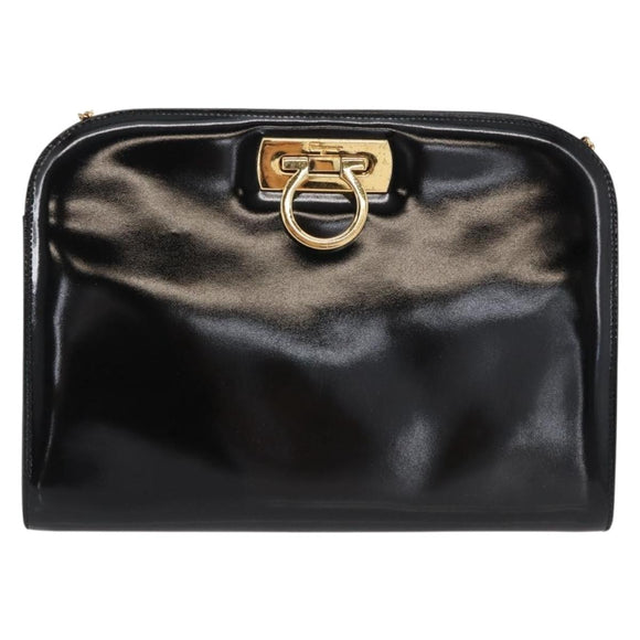 Salvatore Ferragamo Chain Gancini Shoulder Bag Patent Black Gold Auth 166656