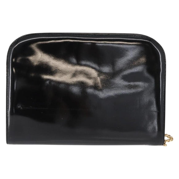Salvatore Ferragamo Chain Gancini Shoulder Bag Patent Black Gold Auth 166656