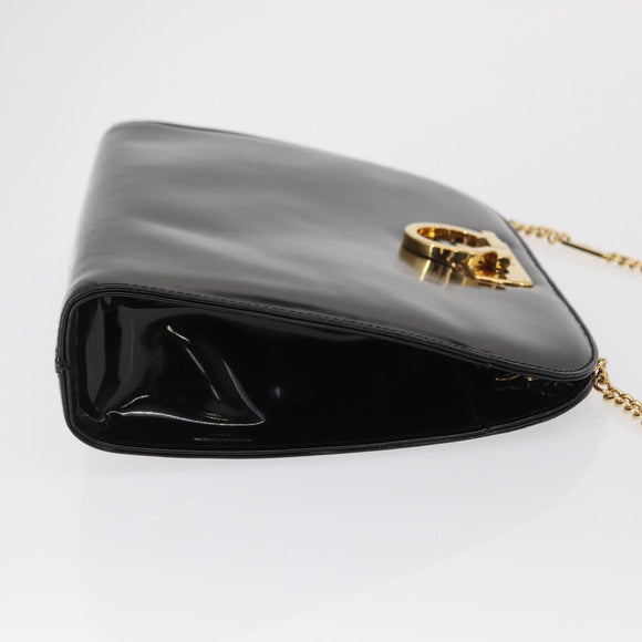 Salvatore Ferragamo Chain Gancini Shoulder Bag Patent Black Gold Auth 166656