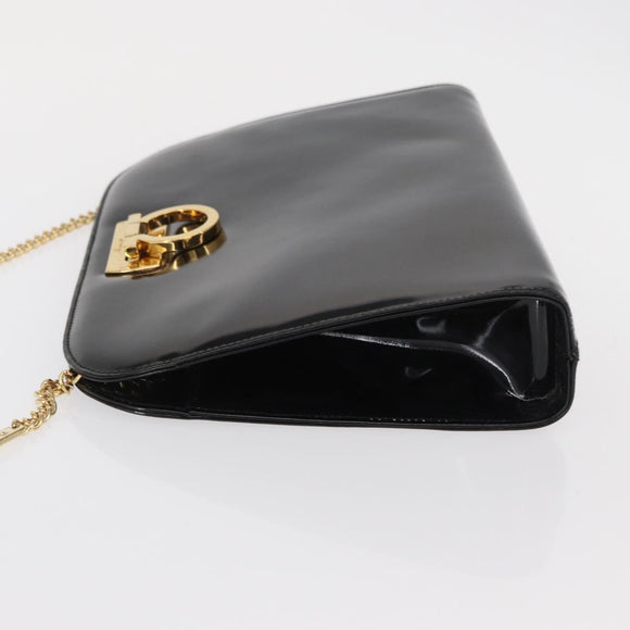 Salvatore Ferragamo Chain Gancini Shoulder Bag Patent Black Gold Auth 166656