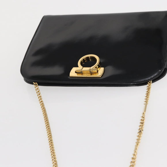Salvatore Ferragamo Chain Gancini Shoulder Bag Patent Black Gold Auth 166656