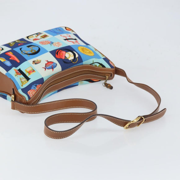 GUCCI Shoulder Bag Canvas Gold Blue Auth 166668