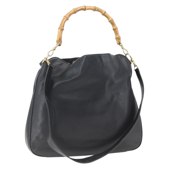 GUCCI Bamboo Hand Bag Leather 2way Black Gold 001 3444 1577 Auth 166674