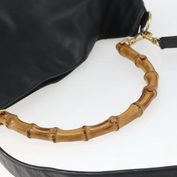 GUCCI Bamboo Hand Bag Leather 2way Black Gold 001 3444 1577 Auth 166674