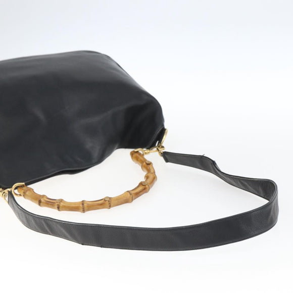 GUCCI Bamboo Hand Bag Leather 2way Black Gold 001 3444 1577 Auth 166674