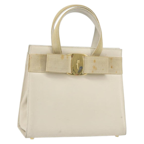 Salvatore Ferragamo Vala Hand Bag Leather White Gold Auth 166678
