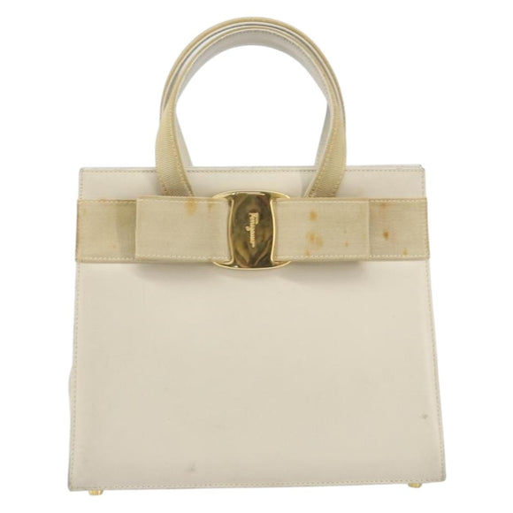 Salvatore Ferragamo Vala Hand Bag Leather White Gold Auth 166678