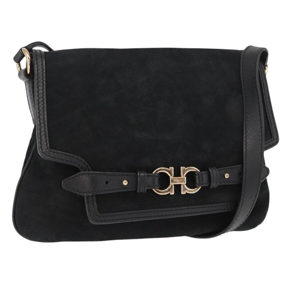 Salvatore Ferragamo Gancini Shoulder Bag Suede Leather Black Gold Auth 166681
