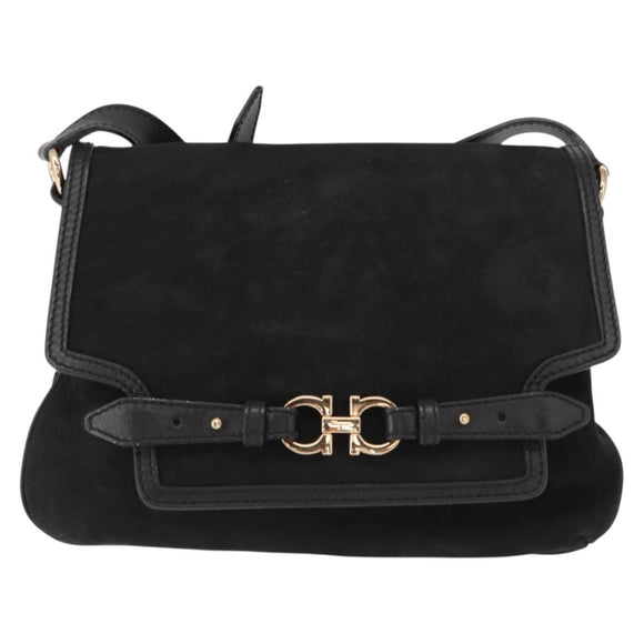 Salvatore Ferragamo Gancini Shoulder Bag Suede Leather Black Gold Auth 166681