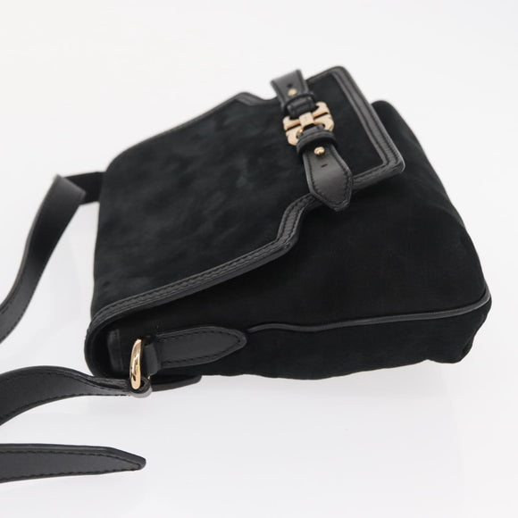 Salvatore Ferragamo Gancini Shoulder Bag Suede Leather Black Gold Auth 166681