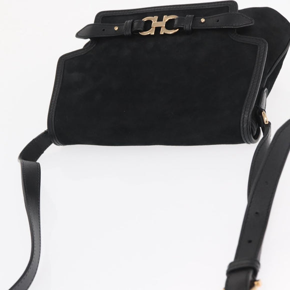 Salvatore Ferragamo Gancini Shoulder Bag Suede Leather Black Gold Auth 166681