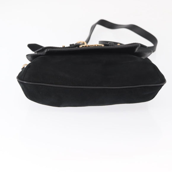 Salvatore Ferragamo Gancini Shoulder Bag Suede Leather Black Gold Auth 166681