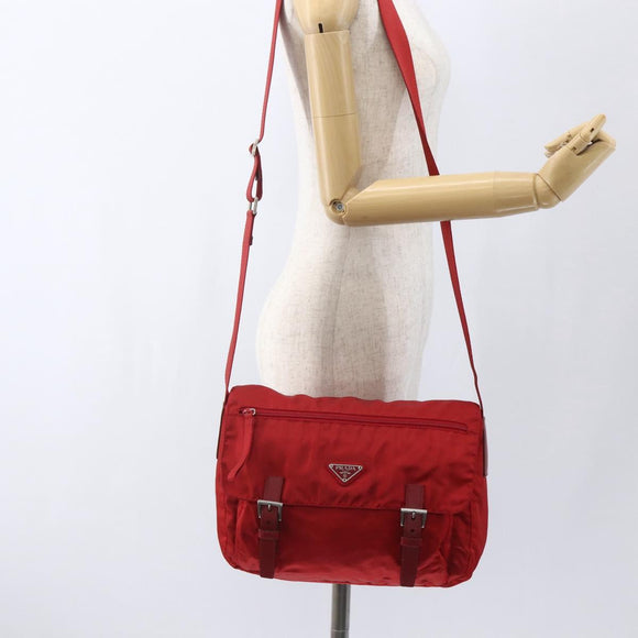 PRADA Shoulder Bag Nylon Red Silver Auth 166685