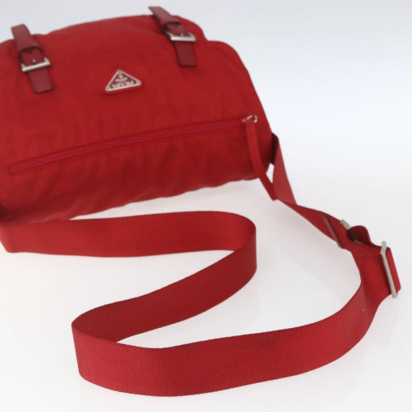 PRADA Shoulder Bag Nylon Red Silver Auth 166685