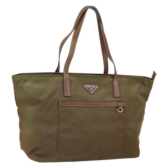 PRADA Tote Bag Nylon Khaki Silver Auth 166690