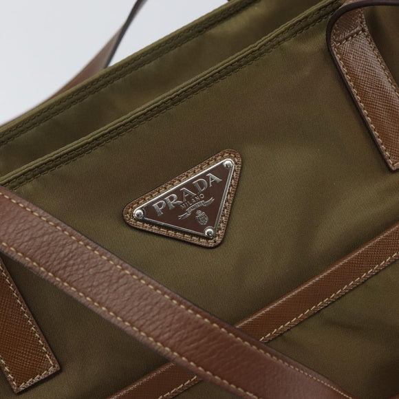 PRADA Tote Bag Nylon Khaki Silver Auth 166690