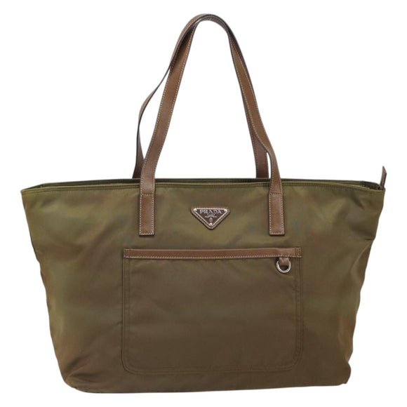 PRADA Tote Bag Nylon Khaki Silver Auth 166690