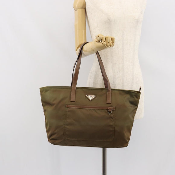 PRADA Tote Bag Nylon Khaki Silver Auth 166690