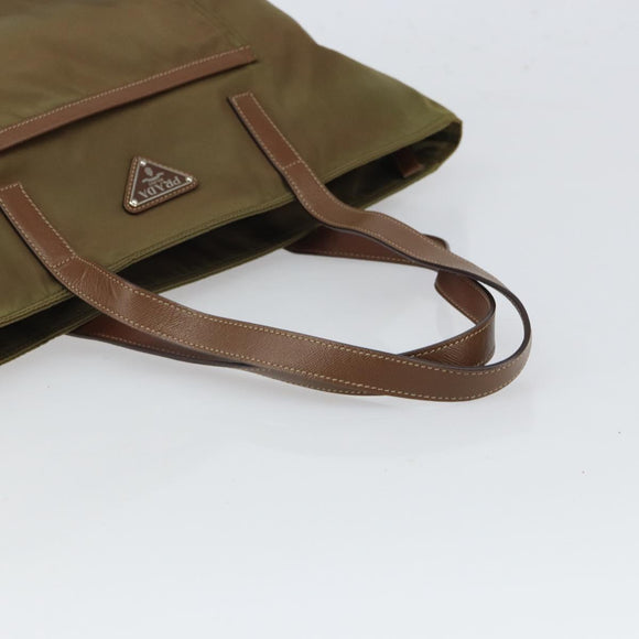 PRADA Tote Bag Nylon Khaki Silver Auth 166690