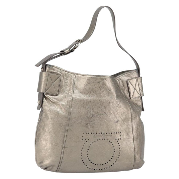 Salvatore Ferragamo Gancini Shoulder Bag Leather Gold Auth 166709