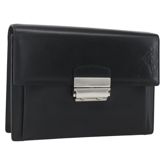 VERSACE Clutch Bag Leather Black Silver Auth 166718