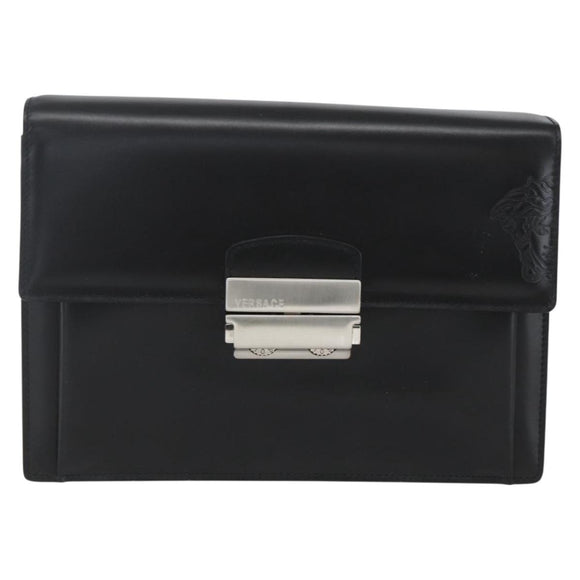 VERSACE Clutch Bag Leather Black Silver Auth 166718