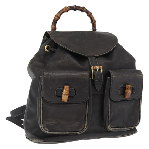 GUCCI Bamboo Backpack Leather Black Gold 003 2058 0016 Auth 166739