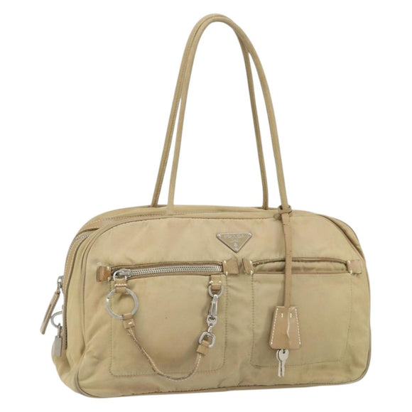 PRADA Handtasche Nylon Beige Silber Auth 166752