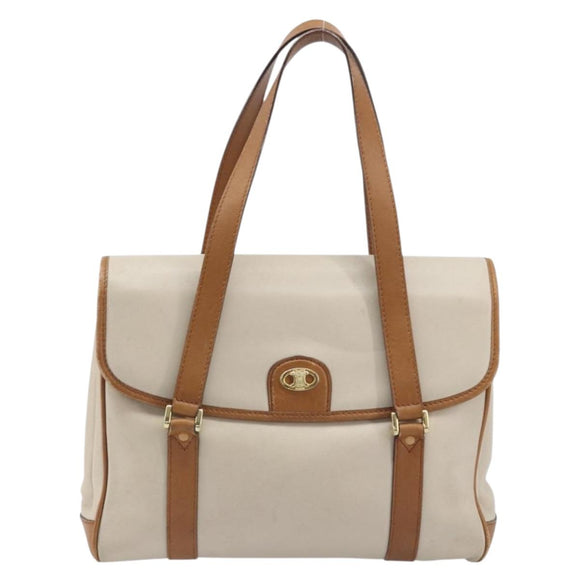 CELINE Hand Bag Leather White Gold Auth 166779